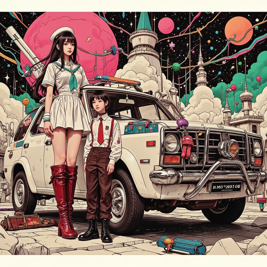 techno pop pop pop pop techno pop pop pop pop white electric car、Pen drawing, beautiful woman in sailor suit、、2000s Ultra Realistic Illustration、Holding a Hand Blaster、、white electric car, Korean、long hair、、white electric car雲と星のファッション、wearing a spacesuit ...