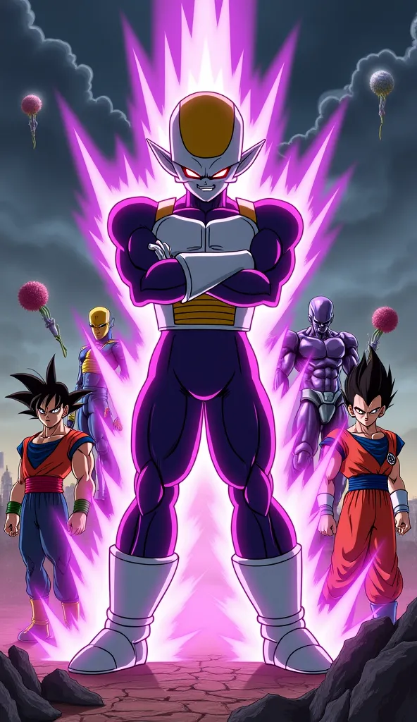 "Create an epic and dark illustration of Frieza in the center of the scene, surrounded by other iconic Dragon Ball villains in the background. Freeza está em sua final form (Fourth Form), with a violent and bright aura of purple and gold energy surrounding...