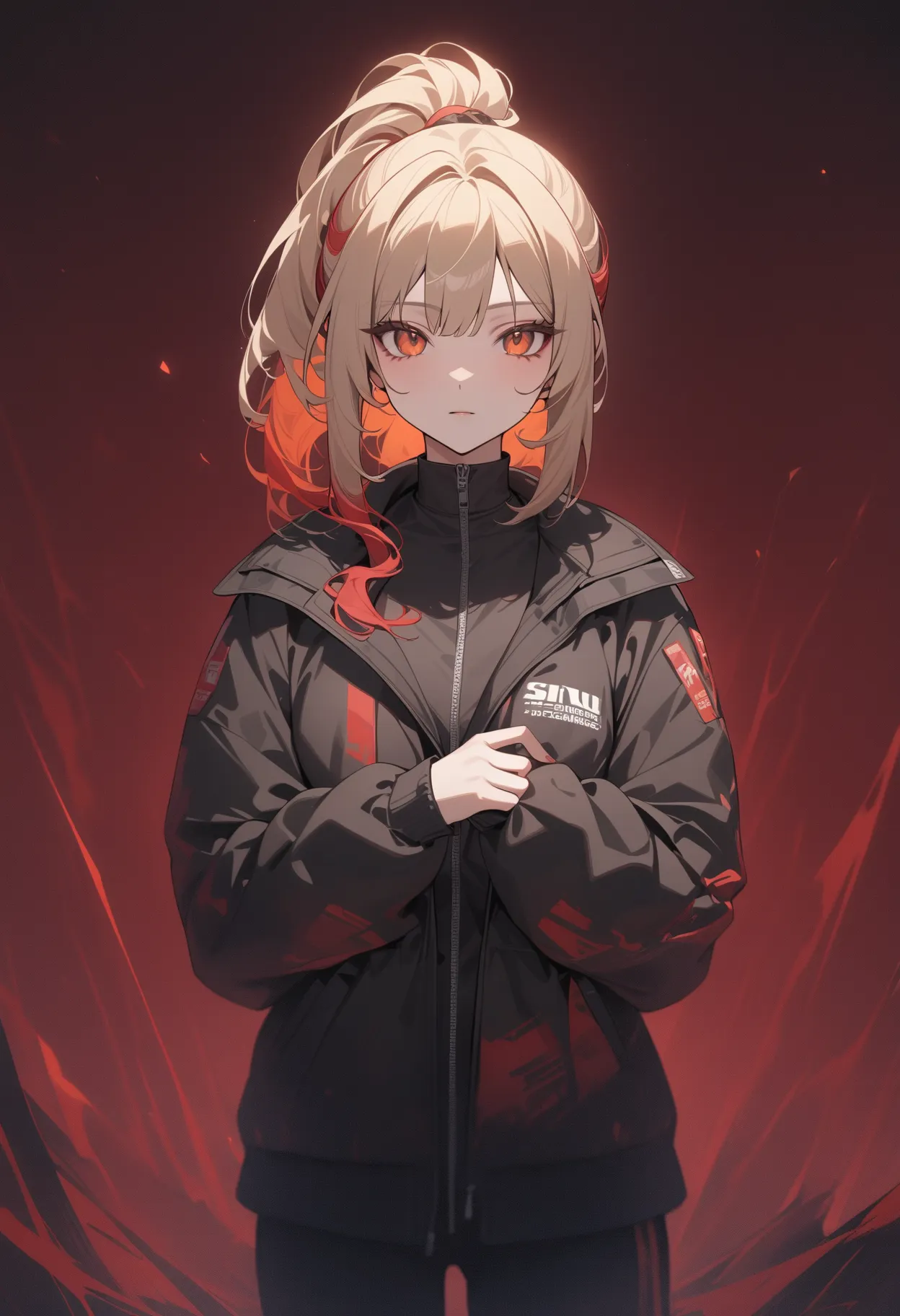 masterpiece, best quality, rating: general, newest, (art by personal_ami:0.5), solo, 1girl, defsamus, expressionless, looking at viewer, own hands together, blonde ponytail with red highlights, dripjacket, black pants, red streaks in hair, orange eyes 