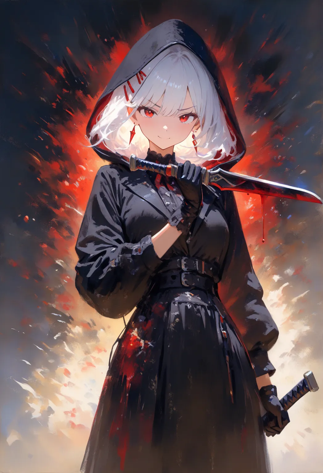 Hood up ,Vampire , cool , (long-white-hair), (black-clothes), red hairpin, black gloves Red eyes, distinct line, 8k, wield knife, (two black-knife), scowl at, return blood, dusky blood, Cowboy Shot, depth of field, Traditional Imitation Media, painterly, I...