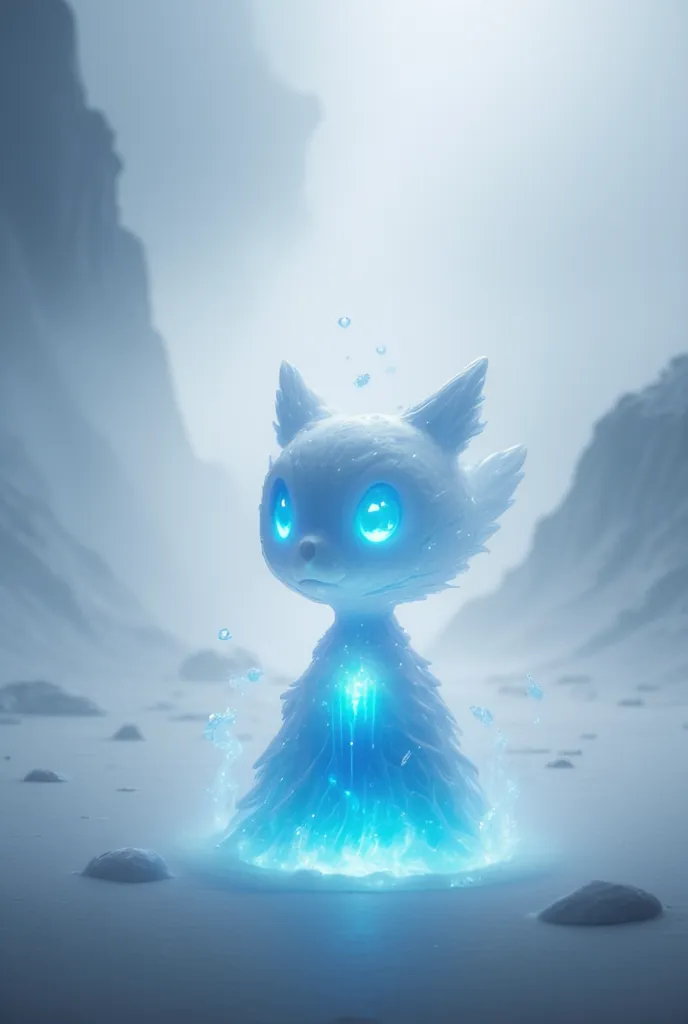 A small, fragile ice elemental with a translucent, crystalline body. Its form constantly shifts between solid ice and mist, struggling to maintain stability. It has glowing icy-blue eyes that flicker like dying embers. A faint frosty aura surrounds it, exu...