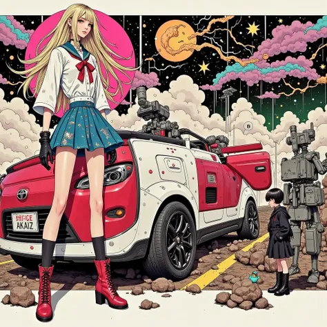 techno pop pop pop pop techno pop pop pop pop white electric car、Pen drawing, beautiful woman in sailor suit、、2000s Ultra Realistic Illustration、Holding a Hand Blaster、、white electric car, Korean、long hair、、white electric car雲と星のファッション、wearing a spacesuit ...