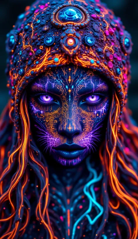 1 fille, beautiful magnifique ebôny girl beautiful eyes clair avec des cheveux long des. tatouage sur le visage et le corps multicolors grafitti psychedelic luminescents phosphorescent fluo colorful fantasy Surrealism exotique a côté dun lion majestueux et...