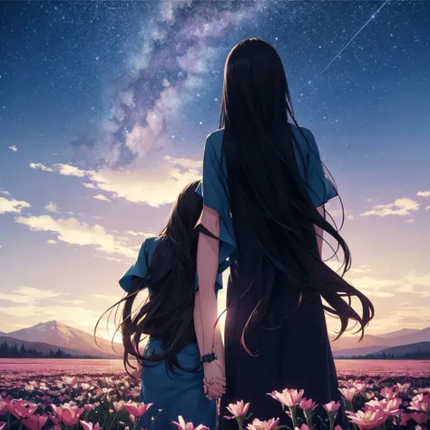 ((Highest quality)), ((masterpiece)), ( exhaustive),  beautiful starry sky、The back silhouette of a man and woman in love holding hands is displayed in the center of the screen in a very, very small, completely dark place、Beautiful colorful flowers are blo...