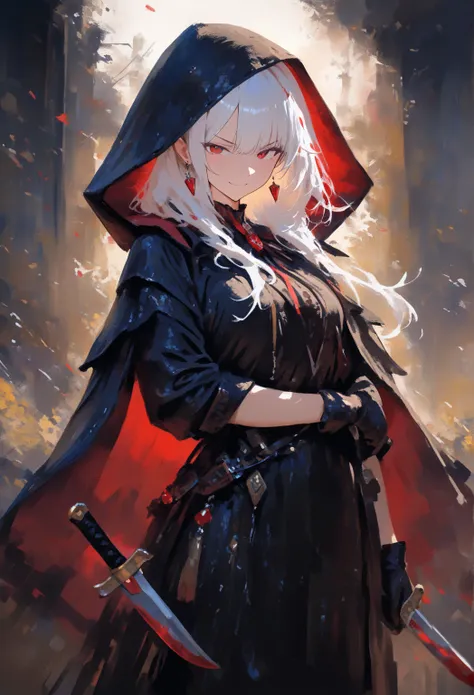 Black hood , Hood up ,Vampire , cool , (long-white-hair), (black-clothes), red hairpin, black gloves Red eyes, distinct line, 8k, wield knife, (two black-knife), scowl at, return blood, dusky blood, Cowboy Shot, depth of field, Traditional Imitation Media,...