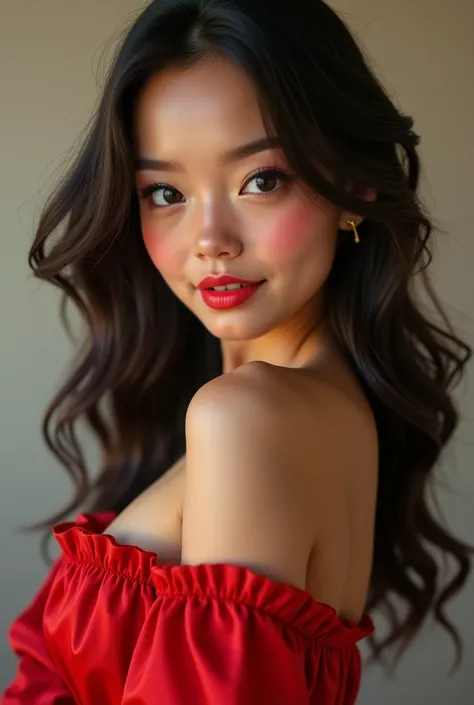 A girl with big eyes sharp nose juicy lips  thin eyebrows sweet smile silky hairs  fat 
fluffy cheeks .fat chin and heavy boobs in red dress
