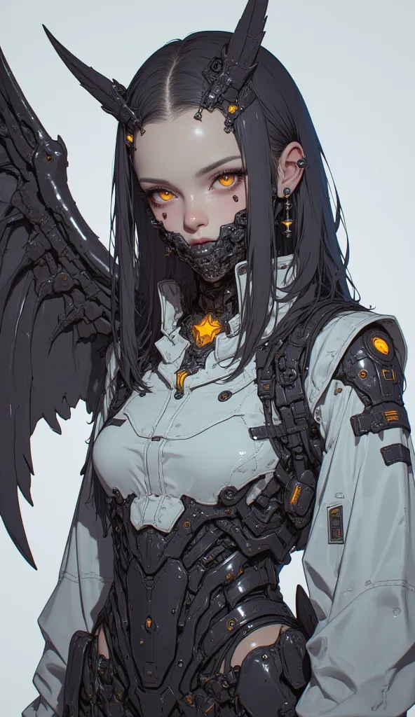  Female model with large wings 、Close-up view of a ,    girl, female lock, Girl in cybernetic armor Mecha ,  Aoshima Chiho color scheme  ,  Angular Winged Armor  , sharp details,   Mecha action figure  ,  by maciej kuciara ,  There is a house made of sushi...