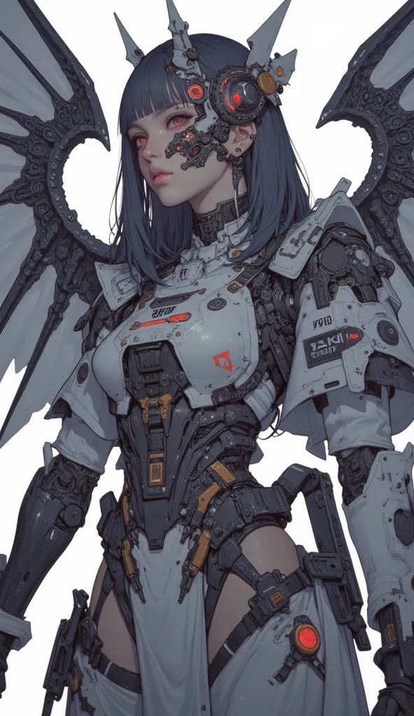  Female model with large wings 、Close-up view of a ,    girl, female lock, Girl in cybernetic armor Mecha ,  Aoshima Chiho color scheme  ,  Angular Winged Armor  , sharp details,   Mecha action figure  ,  by maciej kuciara ,  There is a house made of sushi...