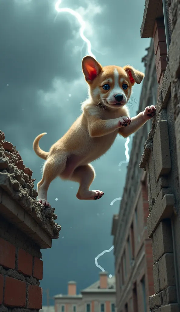 Create a hyper-realistic digital painting of a small, determined puppy clinging precariously to the edge of a crumbling building using only its two front paws. The puppy's hind legs dangle in mid-air as it struggles to hold on, with its fur meticulously de...