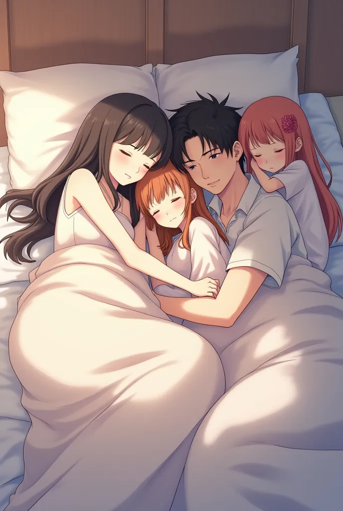 Hello could you generate this image for me sleeping but with the characters from Rent a Girlfriend (Chizuru Mizuhara, kazuya, Ruka , And Mamai Chan) Sleeping like this 