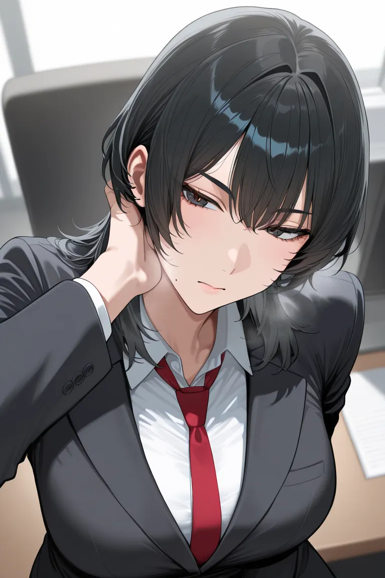 Anime, Milf, Black eyes, Brown pupil, Black Hair,                 Tomboy, Emotionless, Office Girl, Wolf cut, Black suit, White shirt, Red Tie, Sit