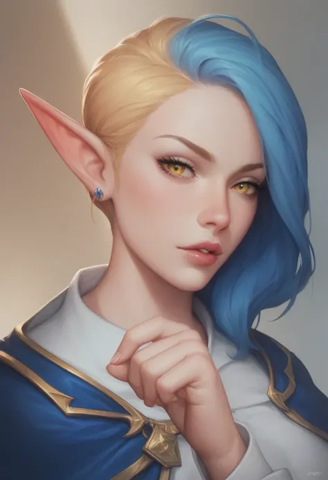 An elf woman with blue hair, also a blue cape, haze looking down with an expression would be heavenly eyes,pointing at the screen with his right hand and a blue-violet shield with a white eagle in the middle in his left hand. painted with a half-yellow-ora...