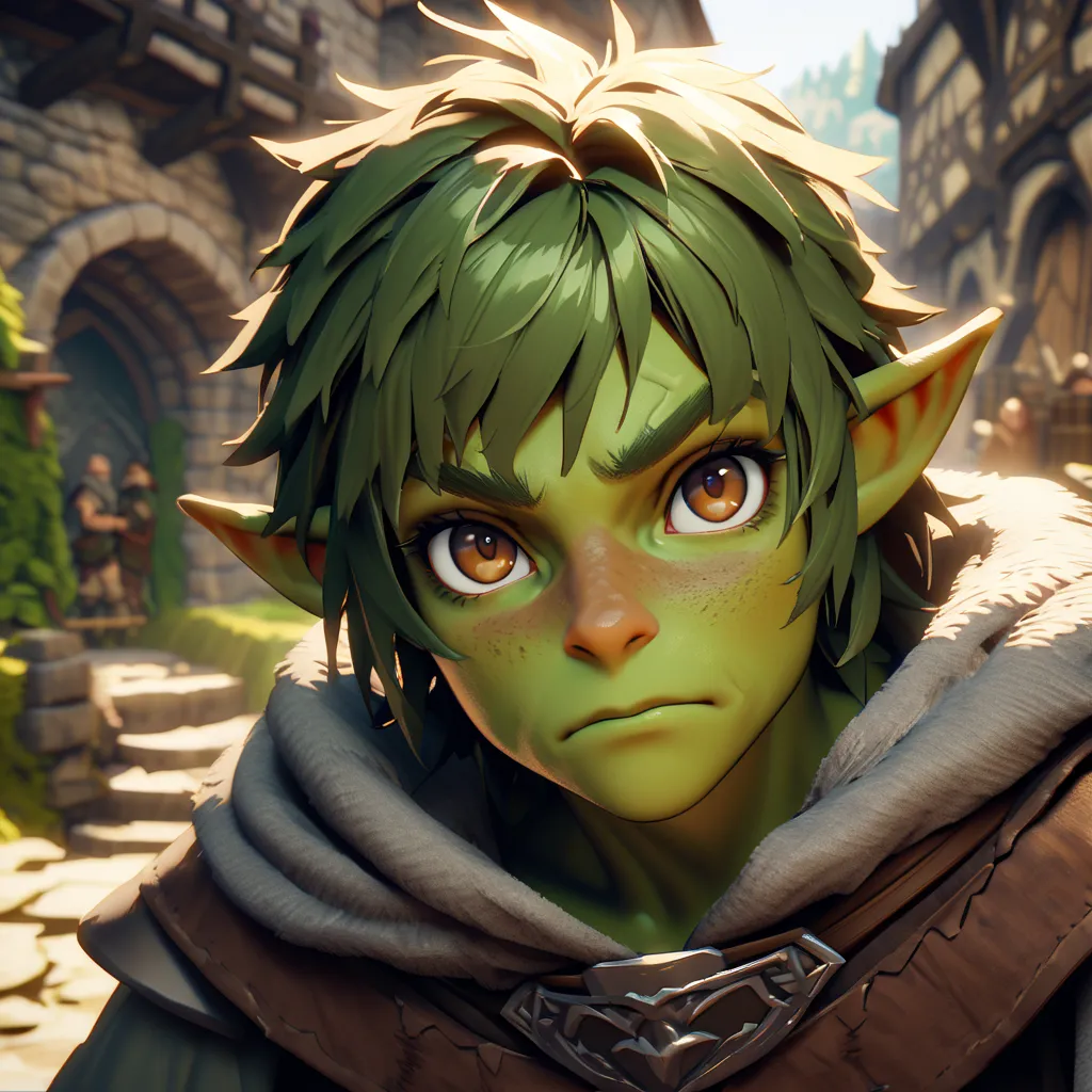 masterpiece, best quality, game cg, race goblin, solo, goblin focus, looking at viewer, depth of field, back hair, brown eyes, ranger, medieval, green skin, small goblin,