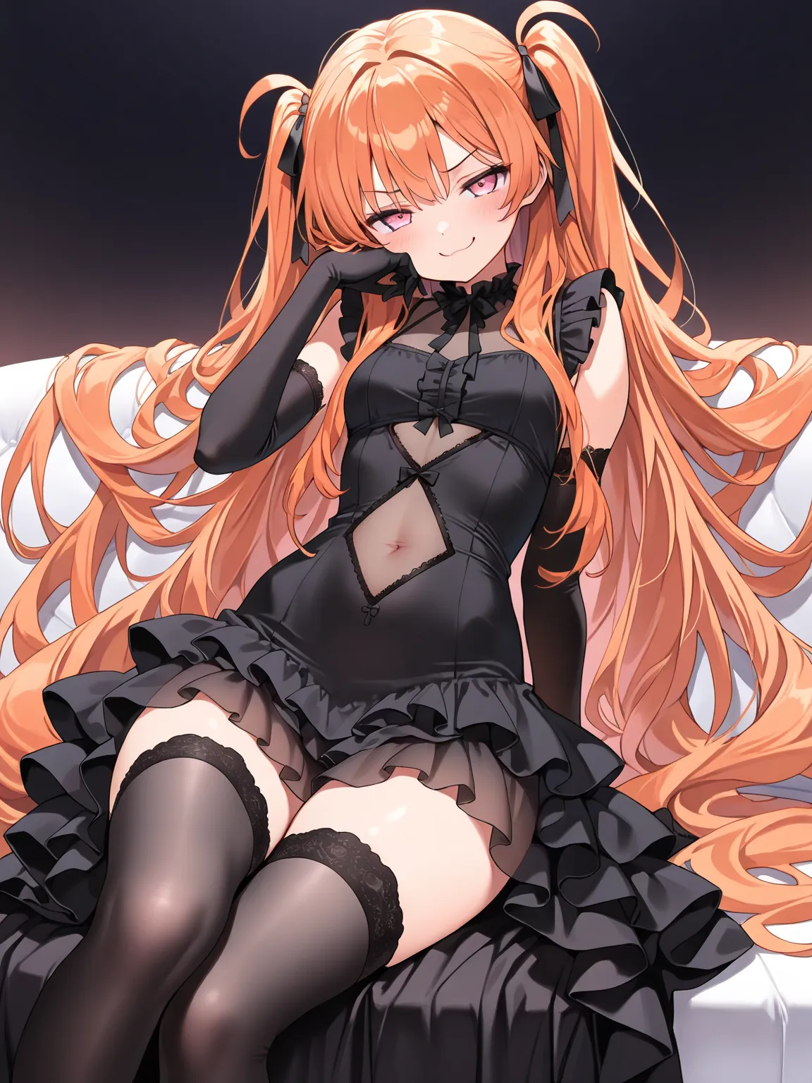 ((masterpiece, best quality, extremely detailed)), 1girl, orange hair, very long hair, long side up, pink eyes, (black frilled dress, see-through navel cutout, high-low skirt, frills), black thighhighs, black elbow gloves, hair ribbon, smug, hand on own ch...