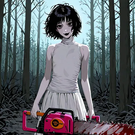 (masterpiece), best quality, perfect face, boy, short hair, black hair, dead eyes, black eyes, white skin, black lips, flat chest, sleeveless white turtleneck, long white skirt, black nails, long nails, eerie smile, messy hair, white top, chainsaw, pink ch...