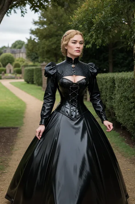 award-winning professional and realistic photo of beautiful Cersei Lannister, intimidating domineering Victorian governess, confident, stylish elegant Victorian rubber outfit, stern demeanor, strict posture, standing in sunny Victorian park, vintage rubber...