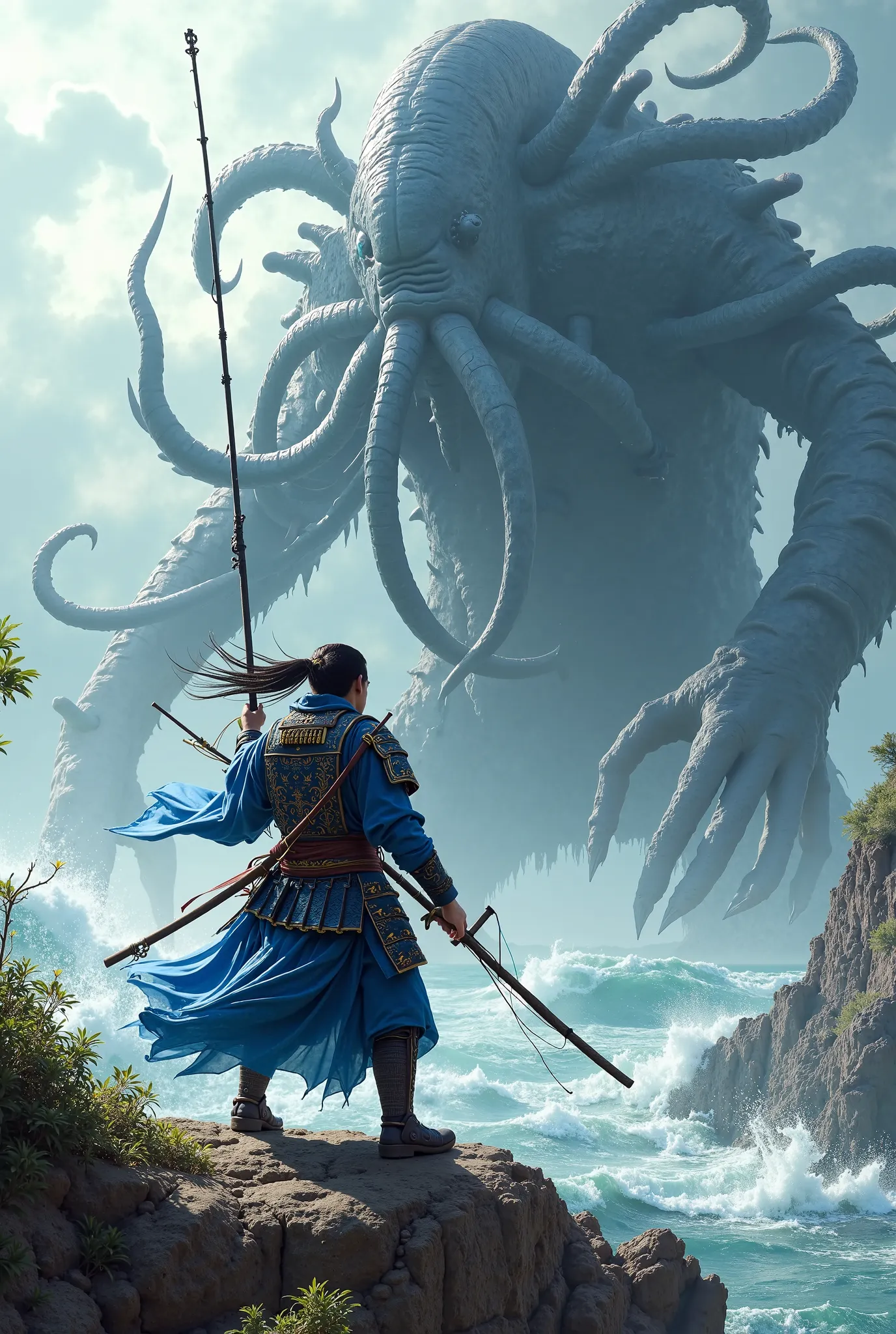 Blue samurai with fishing rod on a cliff fighting cathulu