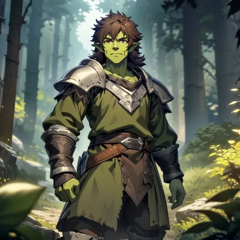 masterpiece, best quality, game cg, race goblin, solo, goblin focus, looking at viewer, depth of field, back hair, brown eyes, ranger, medieval, green skin, small goblin, adult,