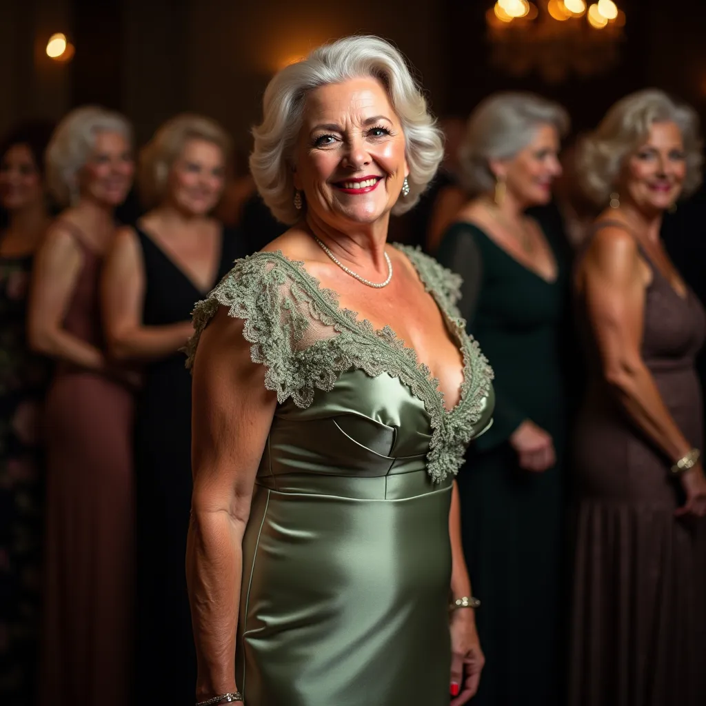 full-length picture,
elderly woman,
she smiling broadly,
posing standing,
facing the camera,
her gaze is direct,
she is looking directly at the viewer,
she has an opulent chest,
she is light-skinned,
Her hair is very light gray,
Her hair is styled in a sli...