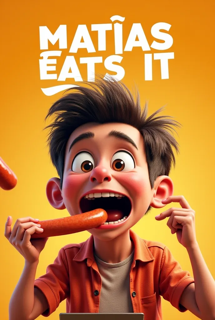 generates a film cover with the title "Matías eats it" with a person eating sausage