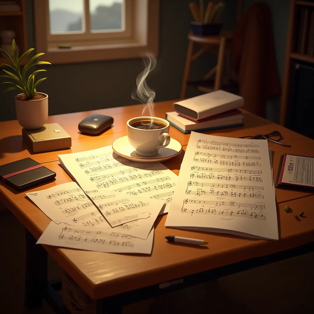 Desk with paper with songs on it and coffee