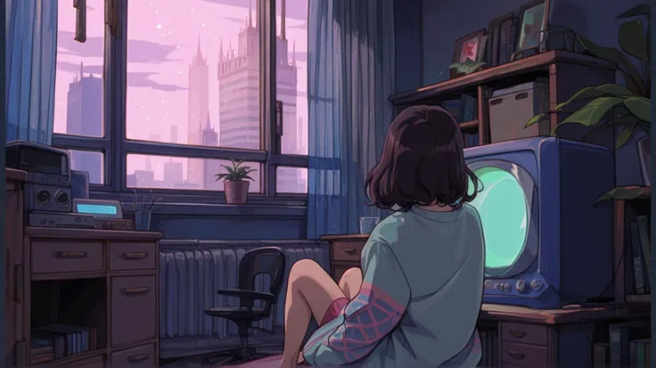 The girl is looking out the window, her back to me. A cat is sitting on the window sill. The room is cluttered and has a subculture feel. Minimal design with simple lines. There is not much color, and the image is night and blue. Retro Pop, city pop. emoti...