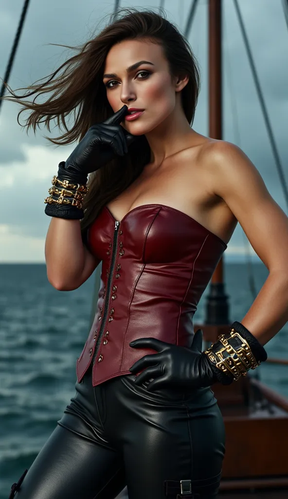 Best quality, 4k, 8k, masterpiece, photorealistic, photo-realistic, ultra-detailed, hyper-realistic, cinematic lighting, dramatic contrast. A stunning and commanding pirate captain woman, standing on a pirate ship with unshakable confidence against the bac...