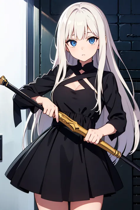 A pretty Long White hair with bangs, amythest eyes, black dress with loose sleeves. Blade in her hands.