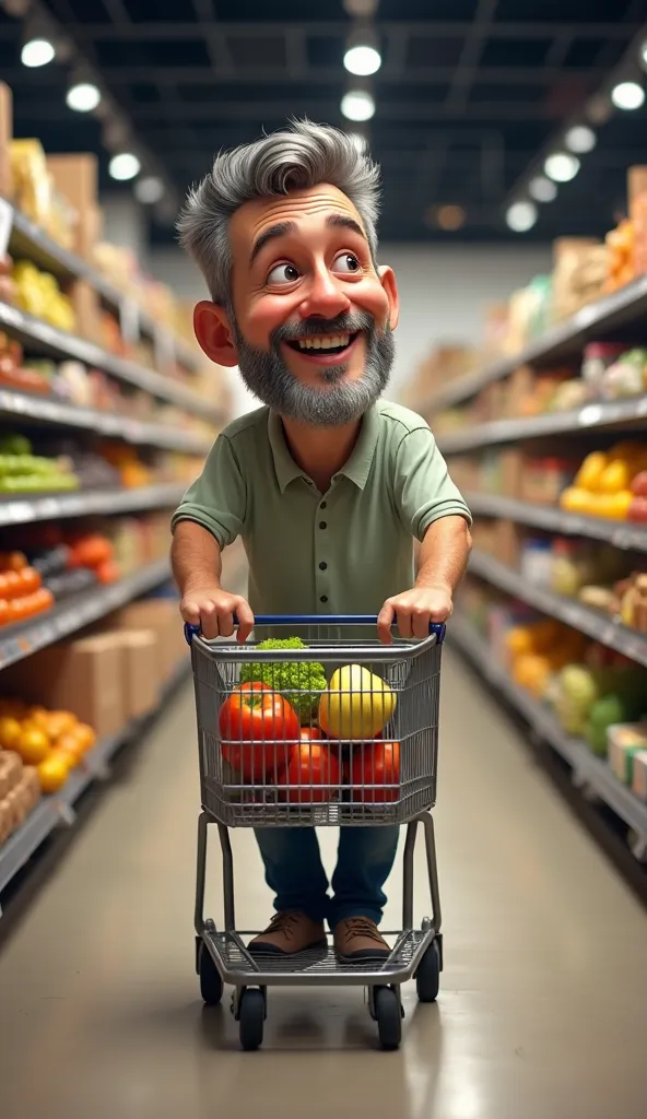 "A short, stocky man with a friendly, approachable expression, shopping at a supermarket. He has graying hair, a short beard, and is dressed in casual clothes: a simple shirt and pants. The supermarket is well-lit, filled with shelves of groceries, fruits,...