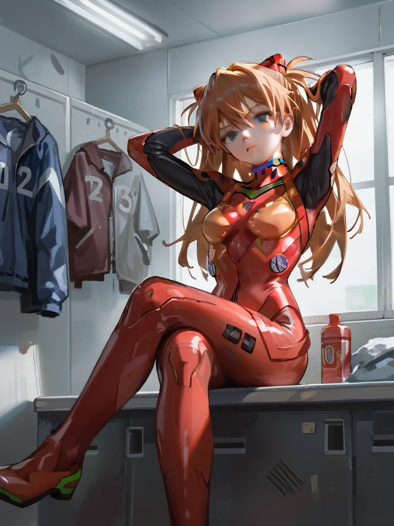 score_9,score_8_up,score_7_up,source_anime,1girl,souryuu asuka langley,neon genesis evangelion,solo,indoors,changing room,arms behind head,cowboy shot, interface headset,red bodysuit, crossed legs, sitting on a chair, seductive body