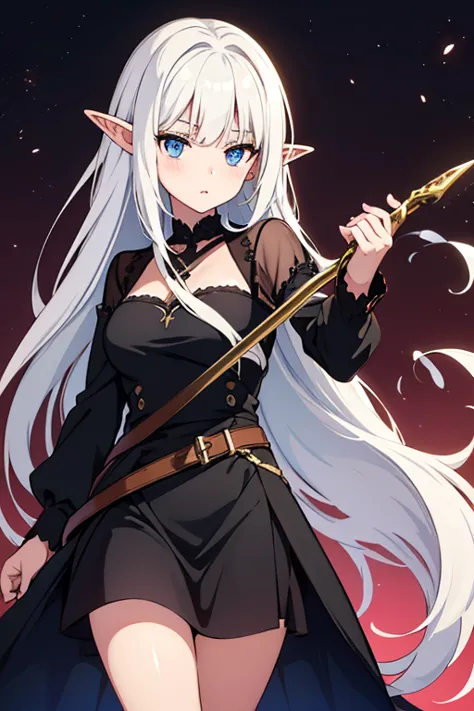 A beautiful elf girl. A pretty Long White hair with bangs, amythest eyes, black dress with loose sleeves. Blade in her hands.