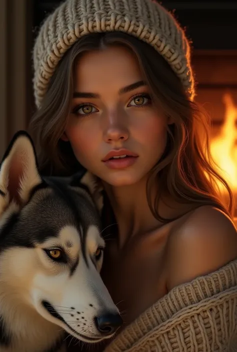  a 22-year-old girl sitting in front of a fireplace, she wears a wool hat, has a dog a gray and white Alaskan mamalute, she is of ivory skin with a golden hue, dark brown hair with golden reflections, long and wavy brown eyes. deep amber eyes, sometimes ap...