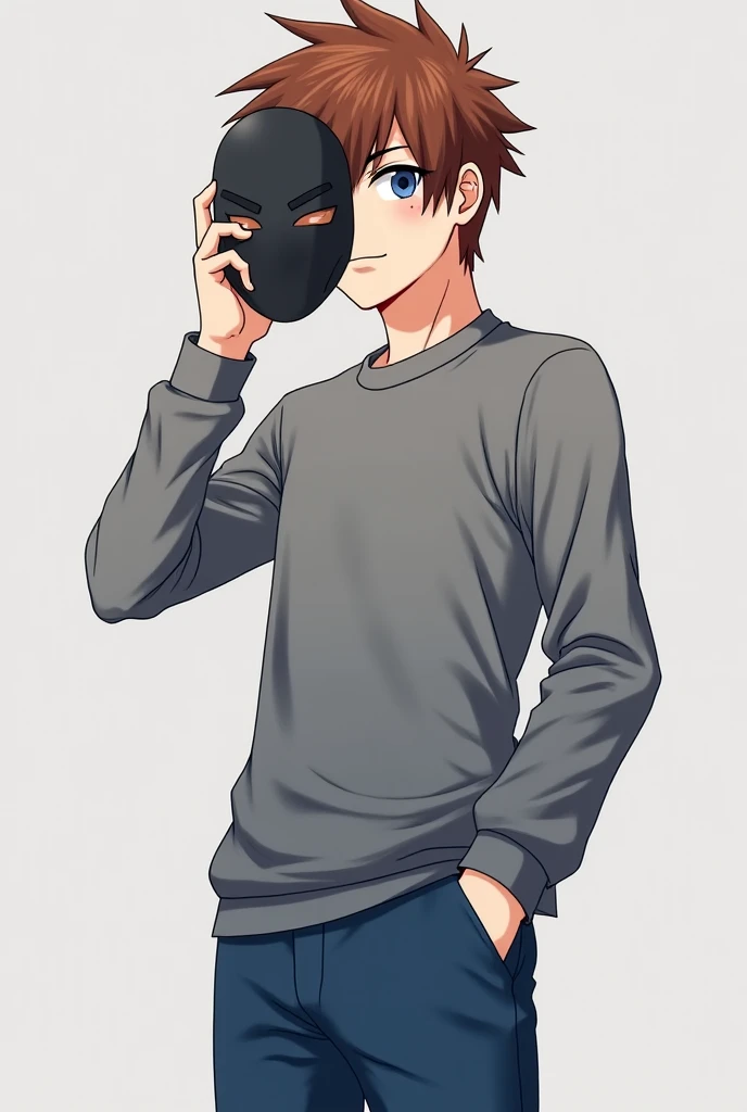  Anime style. Anime guy 25 years old with brown hair. He is wearing a grey sweater and blue pants. in front of his eyes. He is standing at his full height and held out his hand. He has a game mask in front of him. The guy is standing in a fight stand . the...