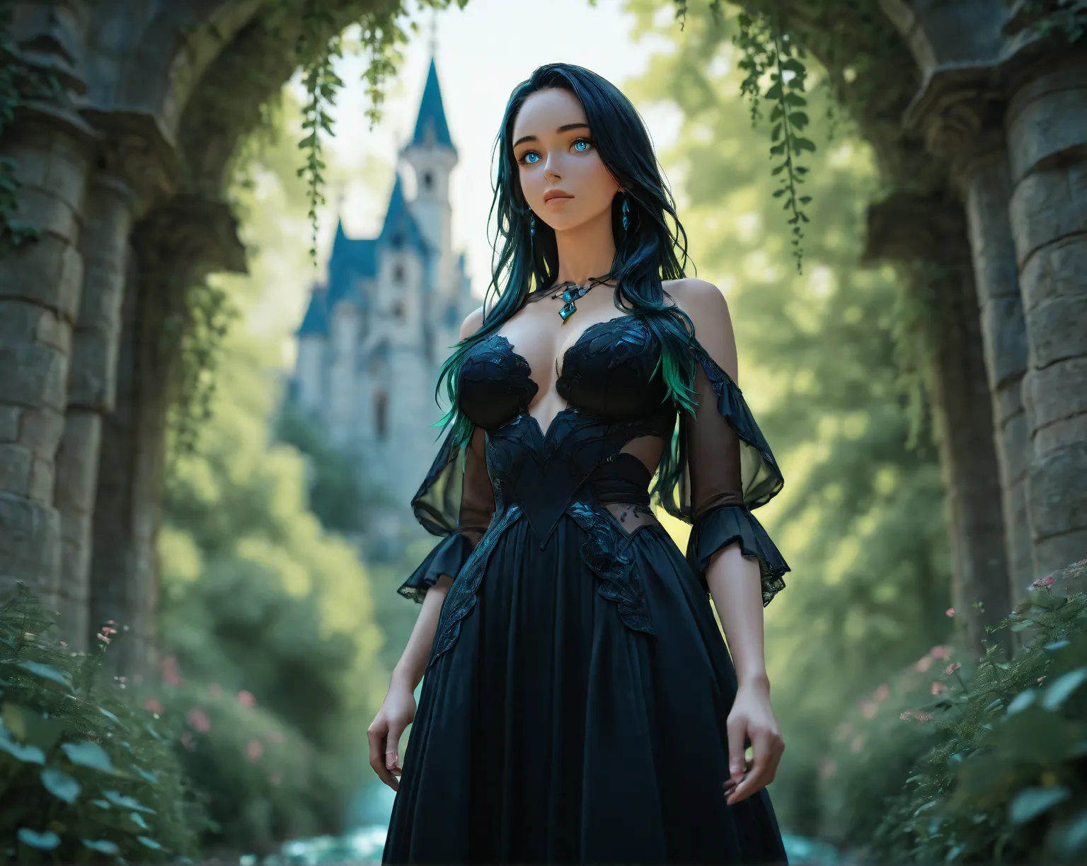 Attractive woman, long black hair, blue eyes, black dress, sunshine, in a castle garden, High Resolution, Super Detailed, Sparkle, Glowing Light,