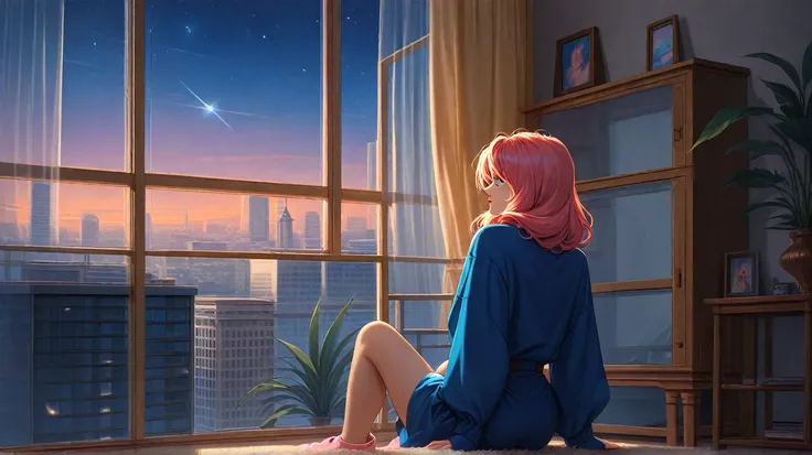 The girl is looking out the window, her back to me. A cat is sitting on the window sill. The room is cluttered and has a subculture feel. Minimal design with simple lines. There is not much color, and the image is night and blue. Retro Pop, city pop. emoti...