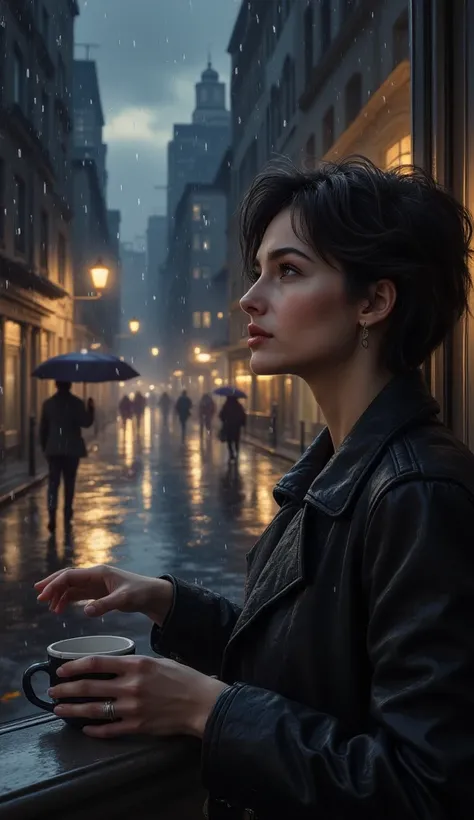  woman looking out the window with a cup of coffee ,  sees people walking with umbrellas down the street illuminated by a lantern,  torrential rain , puddles on the street , The glass has drops of water falling , chiaroscuro, cinematic lighting, UHD, Retin...