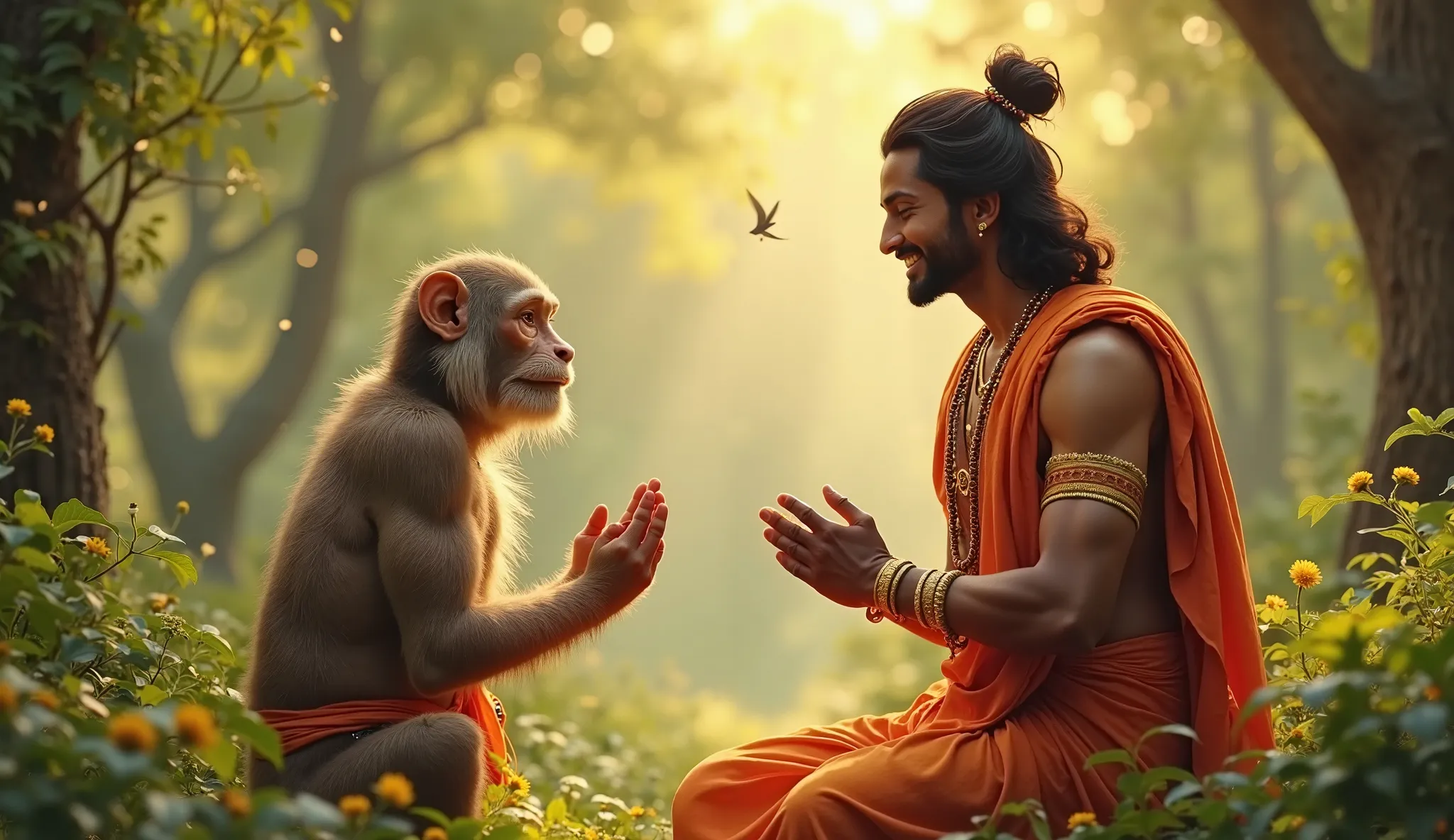 "In a serene forest setting, Lord Hanuman greets Lord Sri Ram with deep devotion and joy. Hanuman, with his divine monkey form, kneels before Sri Ram with folded hands, his eyes filled with admiration and devotion. Sri Ram, dressed in royal yet simple atti...