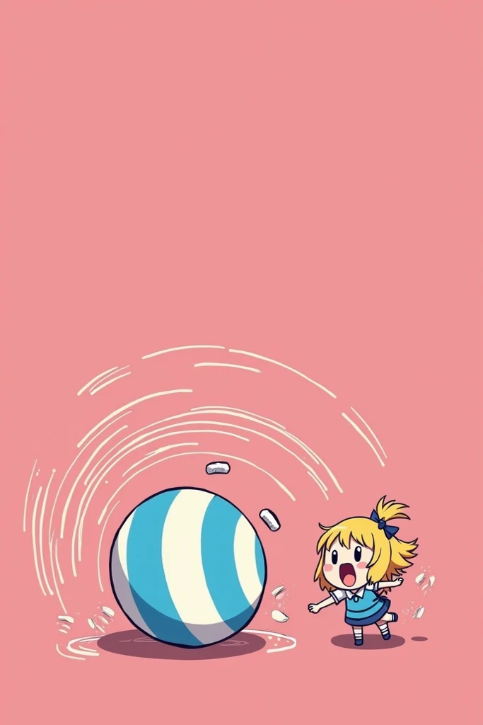 [Anime girl transforming into a bouncing ball, then collapsing into a distressed chibi form, playful and slightly chaotic mood], [Digital illustration, manga style with bold outlines and flat coloring], [No specific artist reference needed, style reminisce...