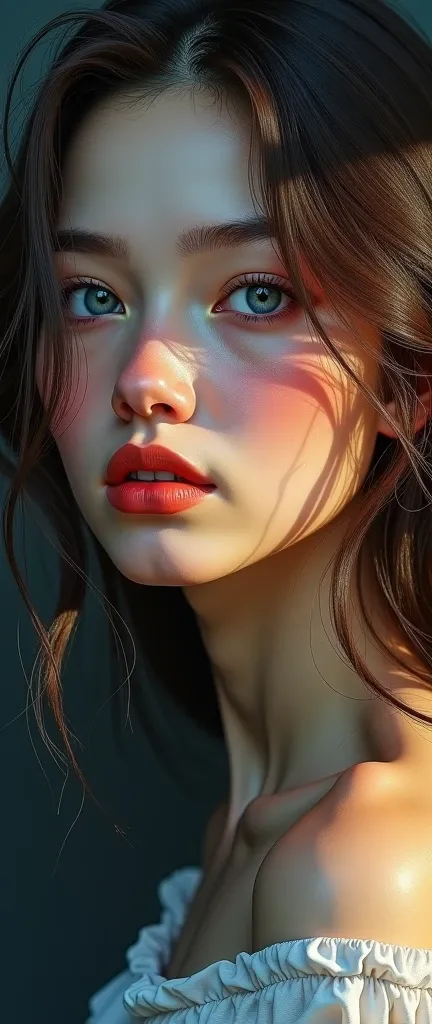 portrait of a woman, half face happy, half face sad, detailed facial features, serene expression, flowing hair, delicate skin, elegant posture, acrylic painting, oil painting, vibrant colors, dramatic lighting, cinematic atmosphere, moody environment, gloo...