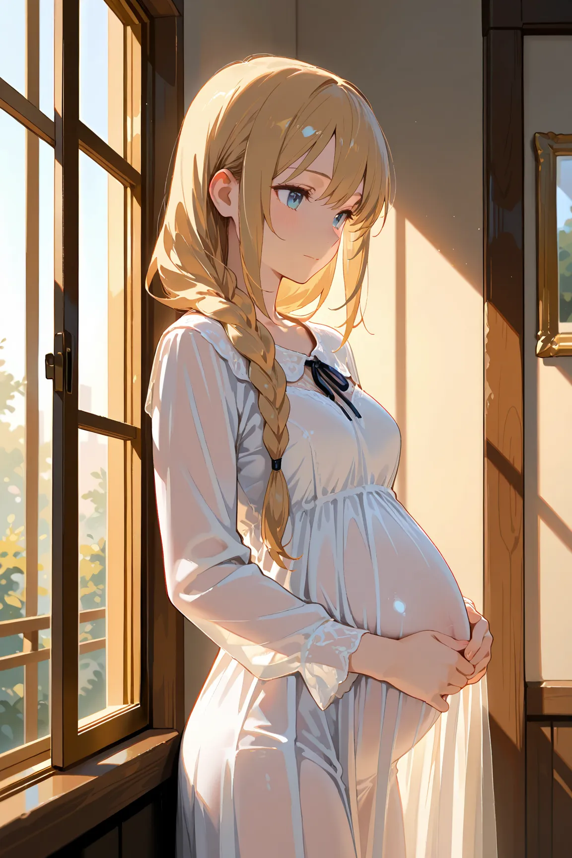 masterpiece:1.2, best quality, 8k resolution, ultra-detailed, highly detailed, soft lighting, cinematic framing, balanced lighting, smooth shading, Cowboy shot, eye-level angle, gentle glow, young and beautiful pregnant woman, golden long braided hair, dee...