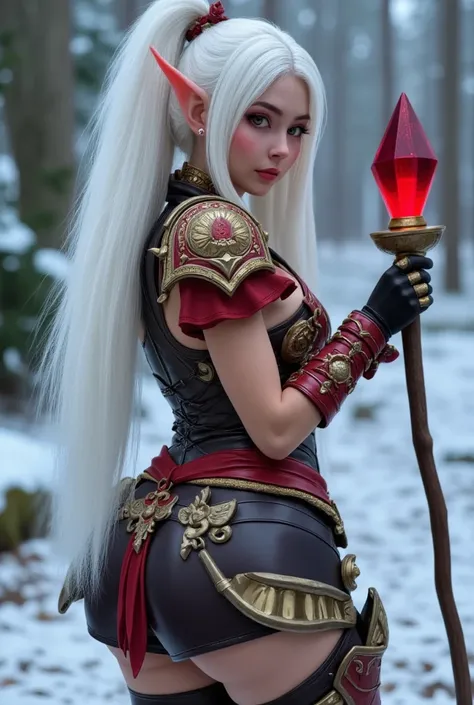 She is a gnome woman with white hair, wearing armor with red and gold elements. She has massive shoulder pads with decorative details on her shoulders. Behind the character's back is a staff with a red glowing crystal at the end warcraft world