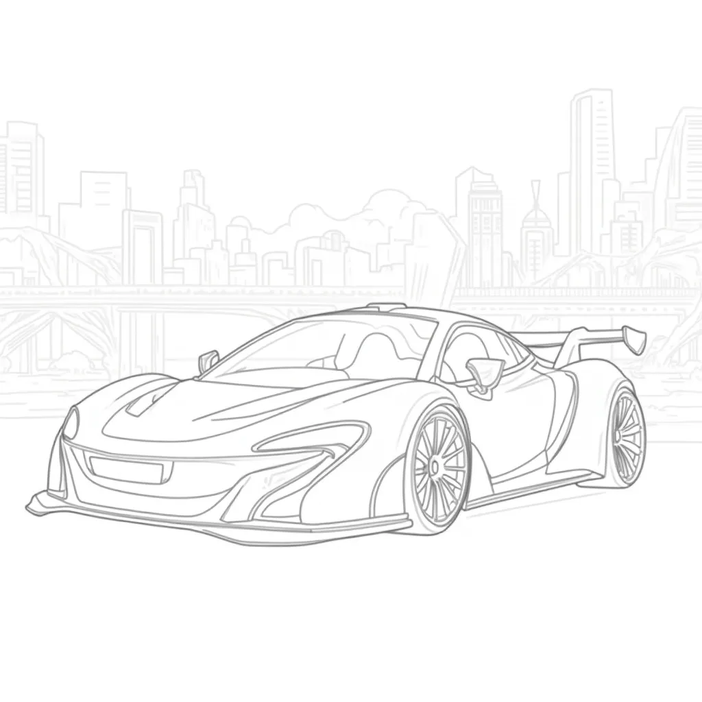 "Create a high-quality, black-and-white outline illustration of a McLaren P1  in a bold, clean line-art style. The car should be positioned dynamically, showcasing its sleek and intricate design with precise, sharp outlines. The background must feature a h...