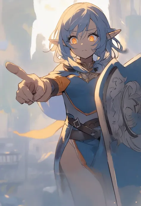 An elf woman with blue hair, also a blue cape, haze looking down with an expression would be heavenly eyes,pointing at the screen with her right hand and a shield in her left hand. painted with a half-yellow-orange
