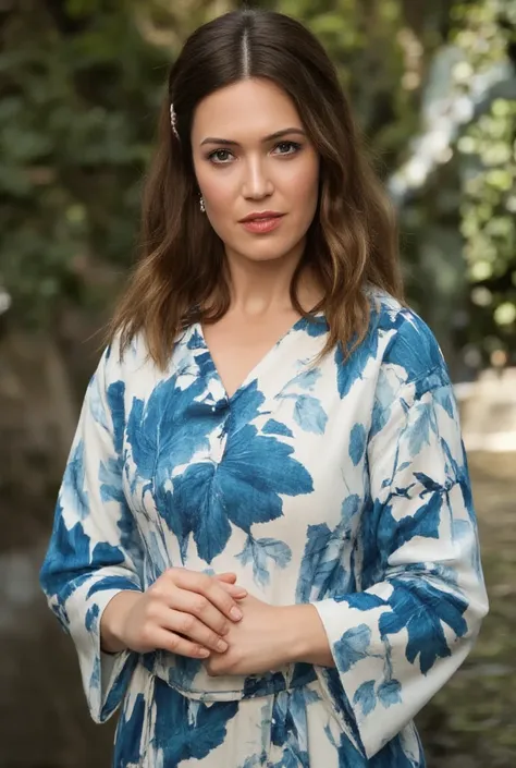 best quality, highres, 8k, masterpiece, photography, detailed midbody photorealistic portrait. Mandy Moore wears a blue yukata featuring a traditional mountain landscape motif, symbolizing the natural beauty of Kyoto. The fabric is light and breathable, pe...