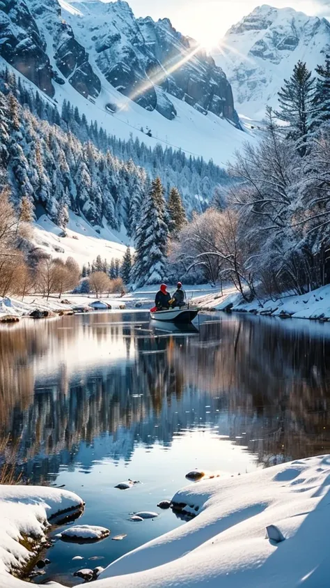 A man fishing in a crystal clear lake surrounded by snowy mountains, perfect reflections in the water, afternoon sunlight creating long shadows, style landscape photography with vibrant colors