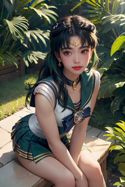 (Extreme Detail CG Unity 8K wallpaper, masterpiece, highest quality), (exquisite lighting and shadow, highly dramatic picture, cinematic lens effect), (Sailor Moon: 1.4), delicate facial features, charming smile, star eyes, ((dark green hair)), tight top, ...