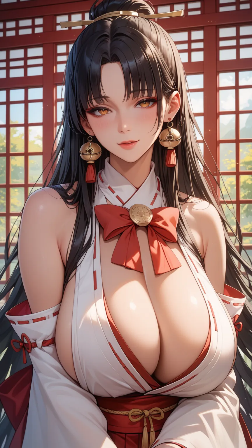 (Masterpiece, best quality, High quality, ultra Detailed, High resolution, 8k, Ultra high res), Sensual woman, mature female, seductive, sensual eyes,  voluptuous body, huge breasts, miko, miko outfit, detached sleeves, long black hair, holding bow