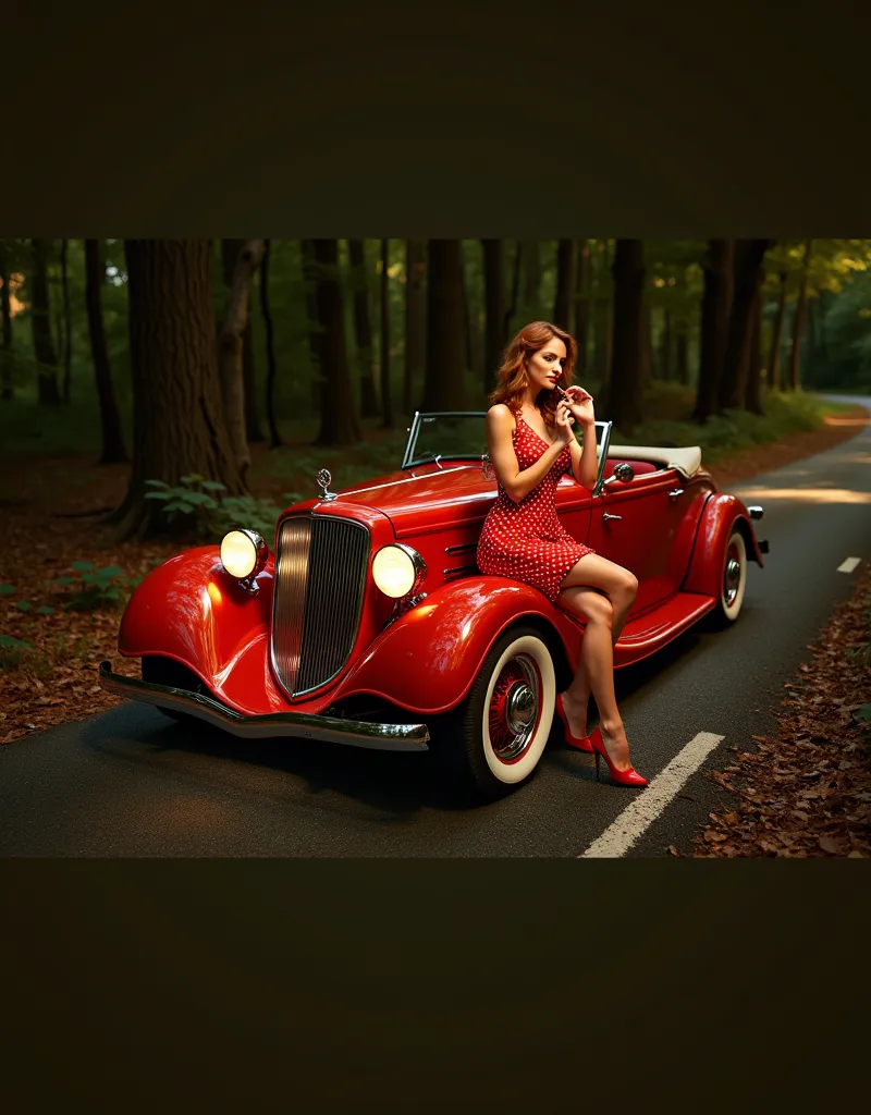 A photorealistic image of a slender, red-haired 25-year-old woman sitting on a vintage red convertible at night. She is dressed in a retro-style red polka-dot dress with a flowing skirt caught in the breeze. The woman is applying lipstick while looking int...