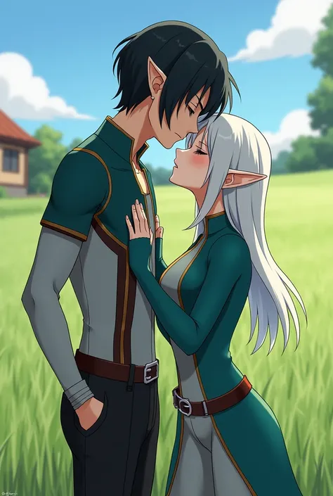 Human male in his 20s,tight clothing.skin colour is white, balck haired
Elf girl in her 20s, white haired, blue and green clothes.she has G culp.she is trying to kiss the man. Background is a grassfield with a house. Art style should be attck on titan styl...