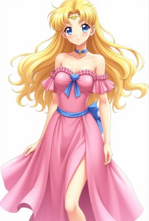 Make a high resolution image of Serena Tsukino Young Adult From The Sailor Moon Anime With Long Yellow Loose Wavy Hair And Chunges With Bows Wearing A Beautiful Pink Heart Neckline Dress With Ruffles And Bare Shoulders The Long Skirt With Lots Of Holans An...